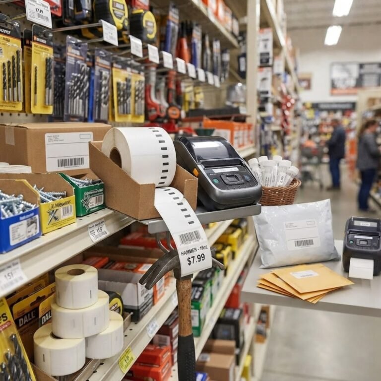 Multiple rolls of adhesive thermal labels and a label printer used for retail inventory and price tagging in a workshop environment.